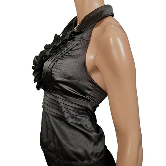 Y2K Black Ruffled sleeveless Satin Blouse Going Out Top Size S Halter Neck - Picture 4 of 8